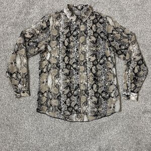 ASOS Shirt Womens 4 Beige Black Snake Print Button Front Long Sleeve Top Sheer
